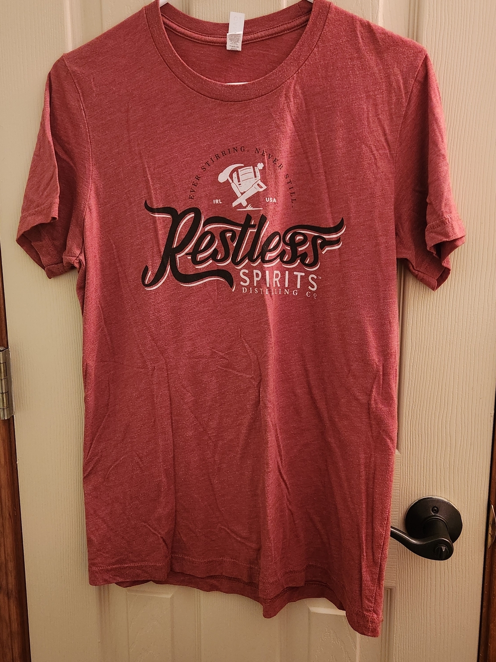 Rust Brick Color T‑Shirt with Restless Spirits Distillery Logo KCMO UNISEX